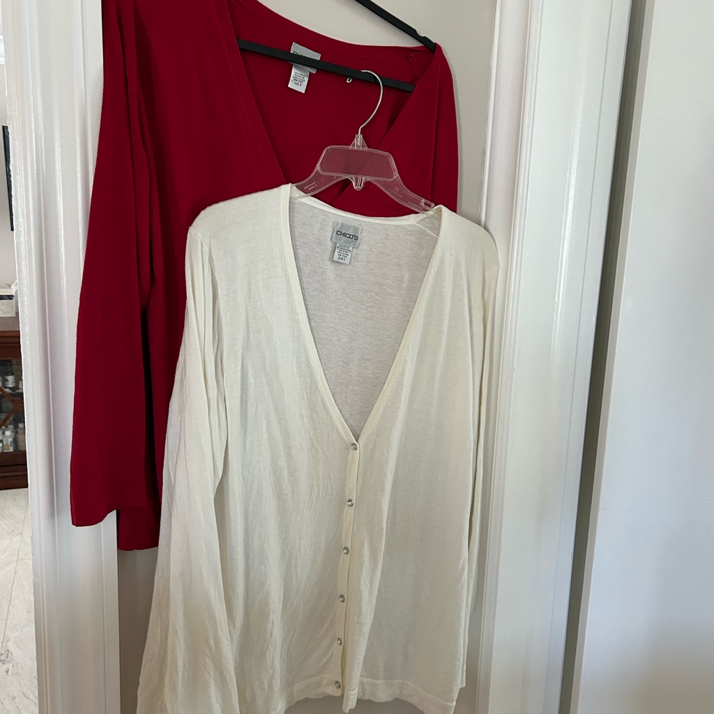 2 Chico's Cream And Red V-Neck Cardigans